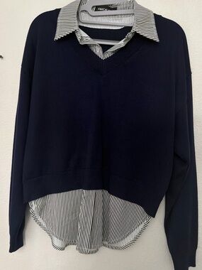 Arden B Navy V-neck Layered Sweater with Striped Shirt Hem